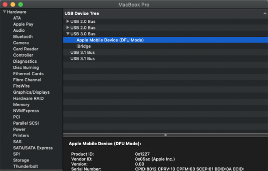 MrMacintosh.com - System Information showing a Mac plugged in booted to DFU Mode.